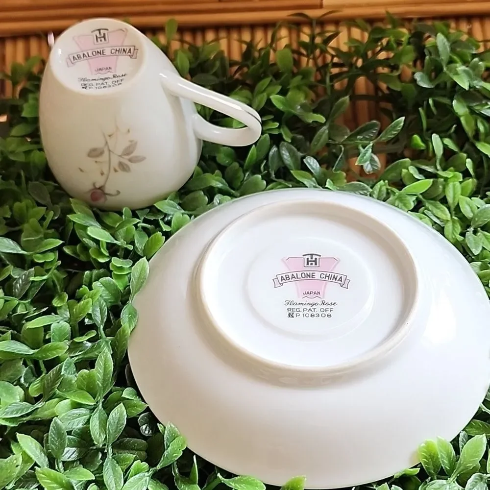 Vtg Feminine Floral Abalone China Flamingo Rose Demitasse Teacup & Saucer